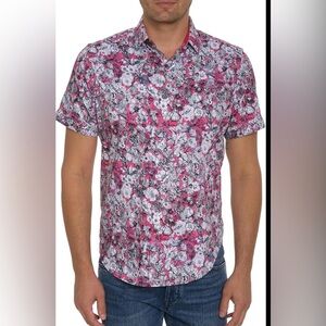 Robert Graham short sleeve button front shirt pink black grey white floral Large